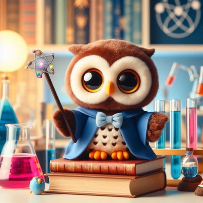 Adorable owl toy with science equipment in study room