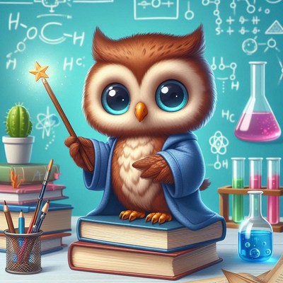 Cute owl in wizard robe with science equipment