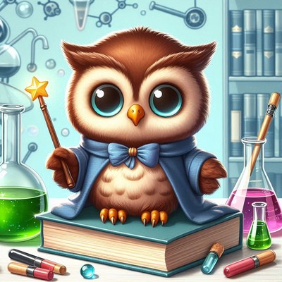 Adorable cartoon owl wizard in a science lab