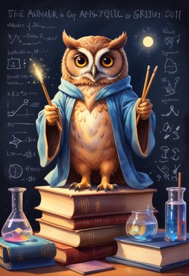 Wise owl casting spells in a wizard's library
