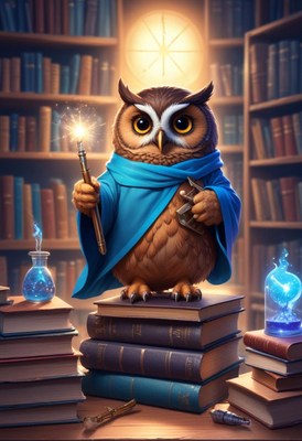 Wise owl wizard holding a wand in a library
