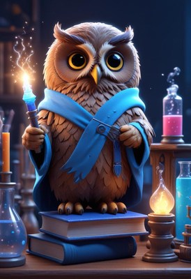 Wise owl holding wand in magical laboratory at night