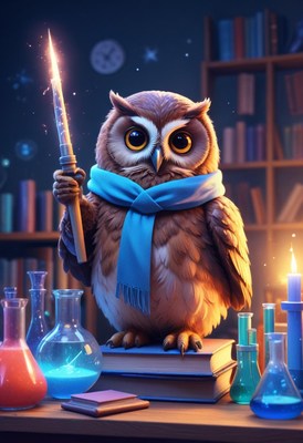 Wise owl holding wand in magical library setting