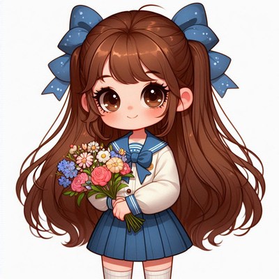 Cute girl in school uniform holding flowers