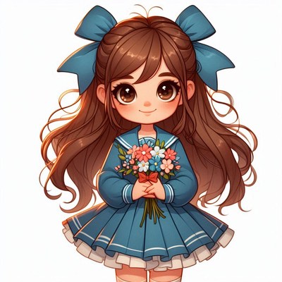 Girl holding flowers in blue dress with bows