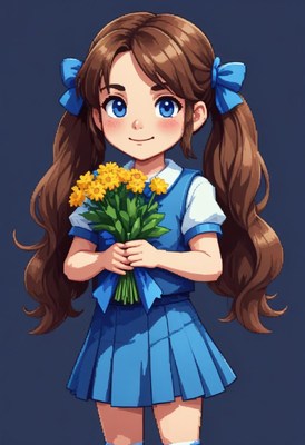Girl in blue dress holding flowers with big smile