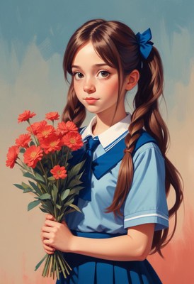 Young girl in blue uniform holding flowers