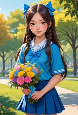 Schoolgirl with flowers in sunny park setting