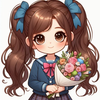 Cute girl holding bouquet in school uniform