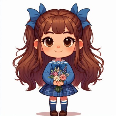 Girl in blue uniform holding flowers with brown hair