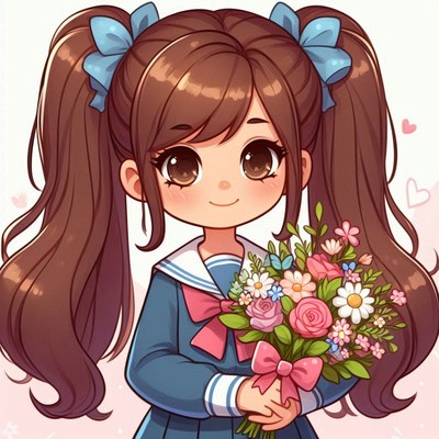 Girl with flowers in blue outfit holding a bouquet