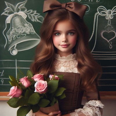 Young girl holding roses in front of chalkboard