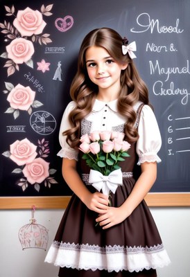 Young girl in brown dress holding flowers by chalkboard