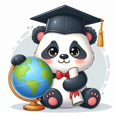 Graduate panda holding globe and diploma in cap