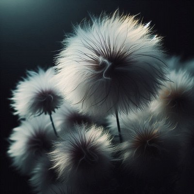 Fluffy white plants under soft light in dark environment