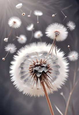 Dandelion seeds floating in tranquil light