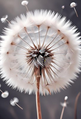 Dandelion seeds in flight against a dark background