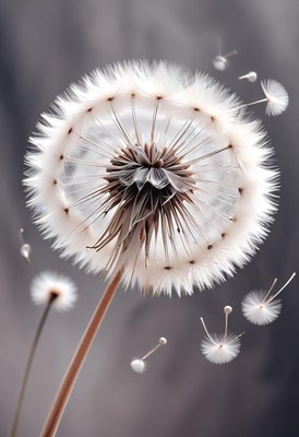 Dandelion seeds floating in gentle breeze