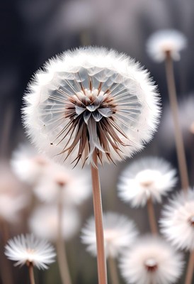 Close-up of dandelion seed head in soft light