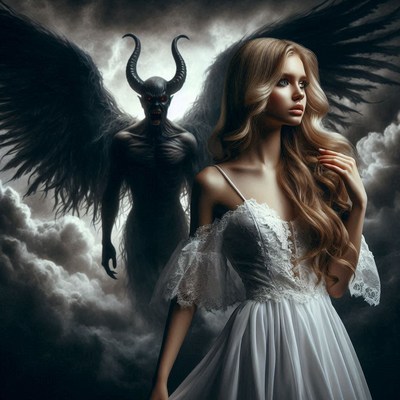 Dark fantasy portrait of angelic woman and demonic figure
