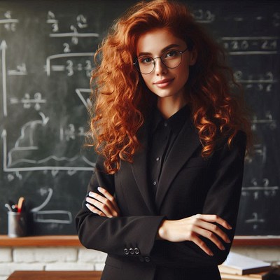Confident teacher in classroom with chalkboard