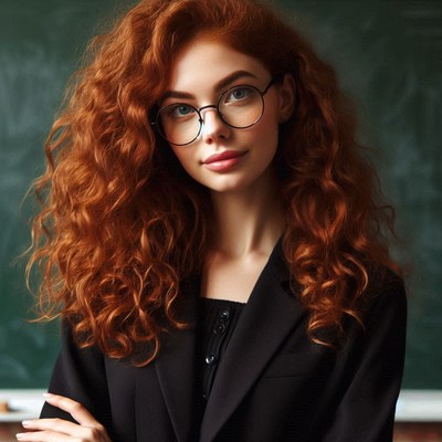 Young woman with curly red hair in classroom setting