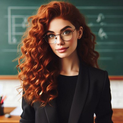 Young woman with curly red hair in classroom setting
