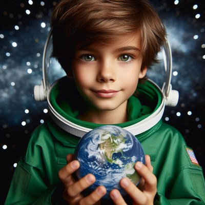 Young astronaut holding earth in space