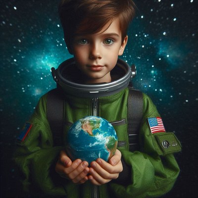 Young astronaut with earth in starry space