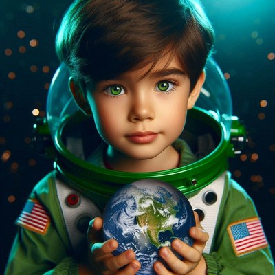 Young astronaut holding earth in space at night