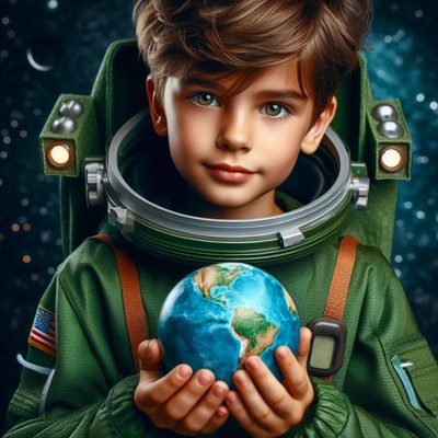 Young astronaut holding earth model in space setting