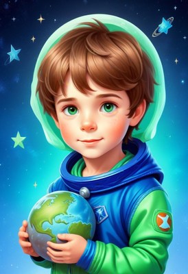 Young astronaut holding earth in cosmic background