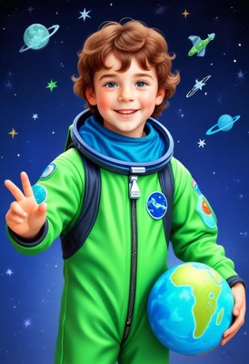Young astronaut smiling in space with earth globe