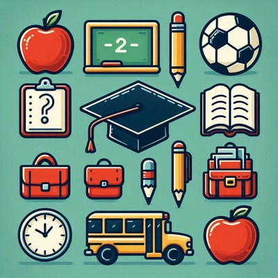School icons with graduation cap, clock, and soccer ball