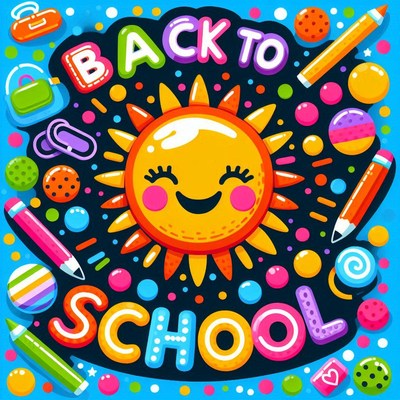 Cheerful back to school design with sun and school supplies