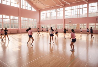 Volleyball practice in a bright gymnasium afternoon