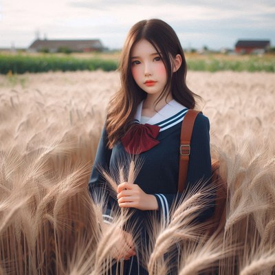 Young girl in school uniform standing in wheat field