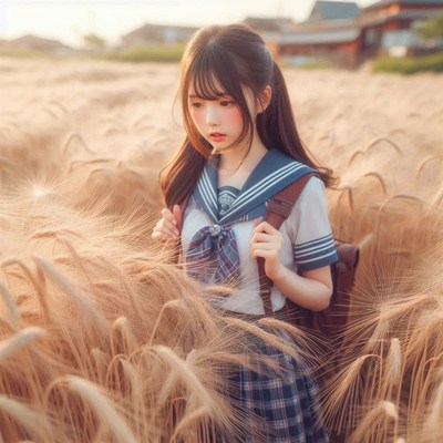 Student in school uniform walking through wheat field
