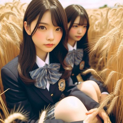 Two students sitting in wheat field during golden hour
