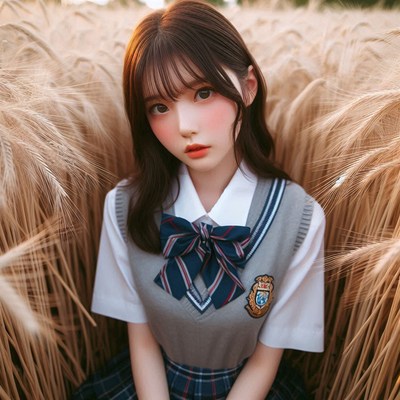 Young student in school uniform surrounded by wheat field