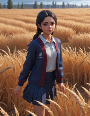 Girl in school uniform walking through wheat fields