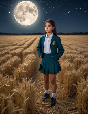 Girl in uniform standing in wheat field under moonlight