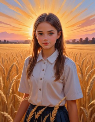 Young girl in wheat field at sunset