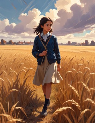 Girl walking through wheat field in autumn afternoon