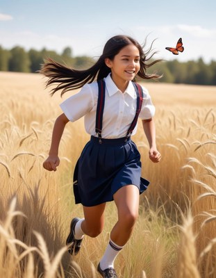 Girl running through wheat field chasing butterfly