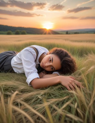 Girl reclining in wheat field at sunset
