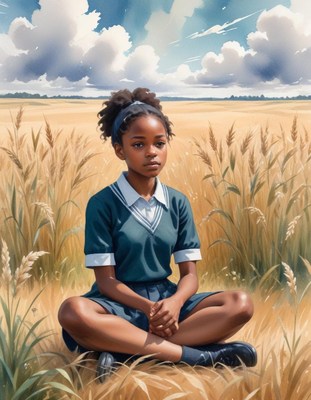 Young girl in blue dress sitting in golden field