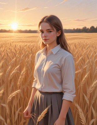 Young woman in wheat field during golden hour