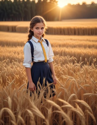 Young girl in wheat field at sunset