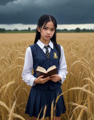 Young student reading in wheat field under dark sky